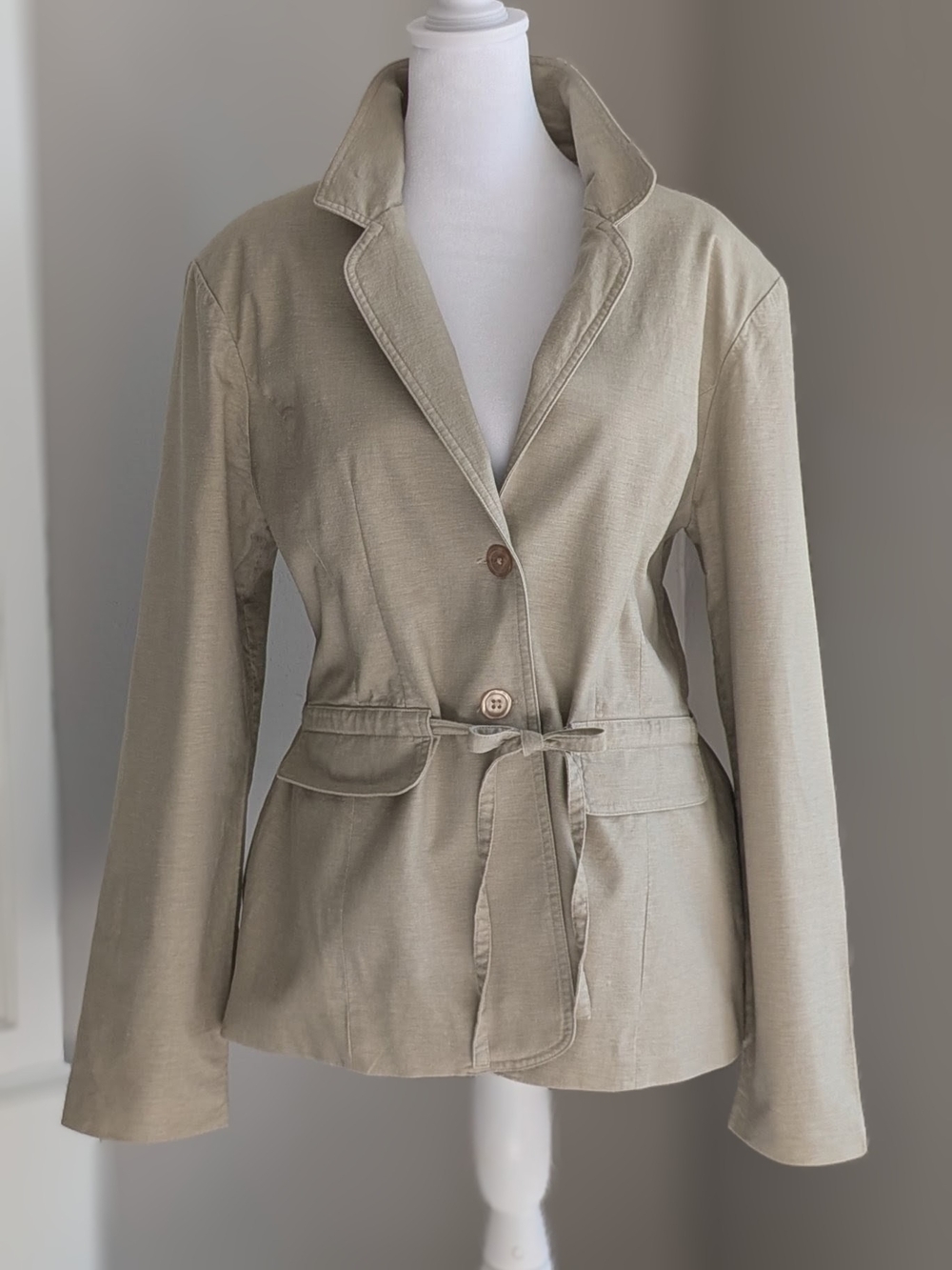 George Stretch Tie-Waist Button Front Blazer Jacket - Beige Size 12 Ladies